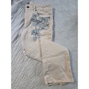 Coldwater Creek Sz 10P Petite Beige Blue Flowers Bootcut Jeans Boho Art to Wear